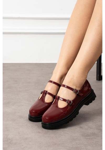 Shoetek İnga Kadın Babet Çift Bantlı Tokalı Makosen Ayakkabı Bordo Rugan Bordo