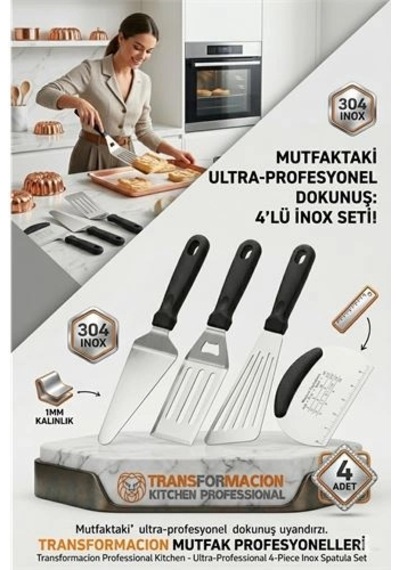 304 Inox Paslanmaz Çelik 4 Lü Spatula Ve Hamur Kesici Seti - Ultra Profesyonel Seri 723144 0