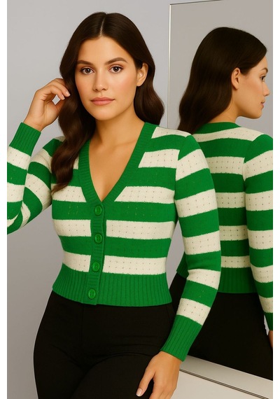 Hira Life Fashion Kadın Önü Düğmeli Ve Çift Renkli Çizgili Triko Hırka Yeşil Yeşil