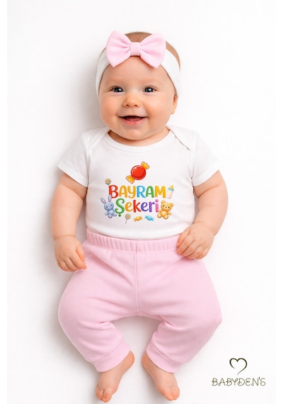 Babyden's Kız Bebek Bayramlık 3'lü Takım Bayram Şekeri Baskılı Body Pantolon Fiyonk Saç Bandı Kombini Pembe