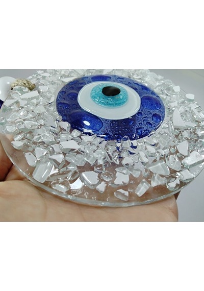 Beyaz Kırıntılı Cam Nazar Boncuğu El Yapımı Duvar Dekoru 13 Cm