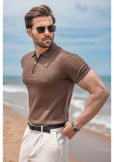 Madmext Açık Kahverengi Regular Fit Polo Yaka Triko Erkek Tişört E7503