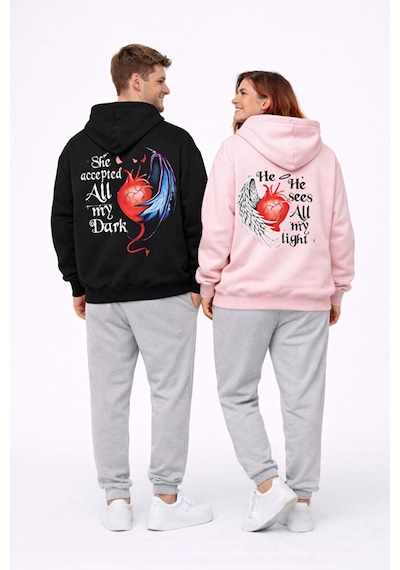 Sevgili Kombini Melek Şeytan Kalp Baskılı Oversize Hoodie Seti Ka Siyah