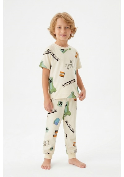 Bunny Hopp Yazlık Kısa Kollu Erkek Çocuk Pijama Takımı Oyun Desenli %100 Pamuk Krem