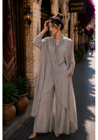 Bohem Stil Italyan Ipek Detaylı Oversize Kap Bluz- Wes Pantolon Takım Koyu Vizon