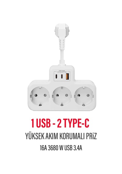 Çoklu Kablolu Priz Çoğaltıcı Priz Dönüştürücü 1usb 2type C Girişli Yüksek Akım Korumalı Fiş Diğer
