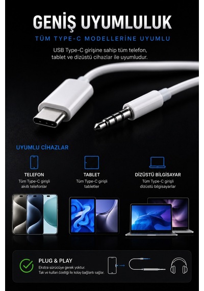 Metaforce Type C Aux Çevirici 1 Metre Dijital Ses Adaptörü 3.5mm Jack Alüminyum Gövde Type C To Aux Kablo