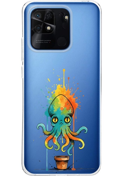 Redmi 10c İle Uyumlu Splash Ahtapot Tasarımlı Şeffaf Silikon Kılıf Şeffaf