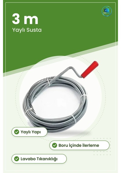 Lavabo Açıcı Sustası 3 M Yaylı Boru Tıkanıklık Açma Aleti Mutfak Tekli