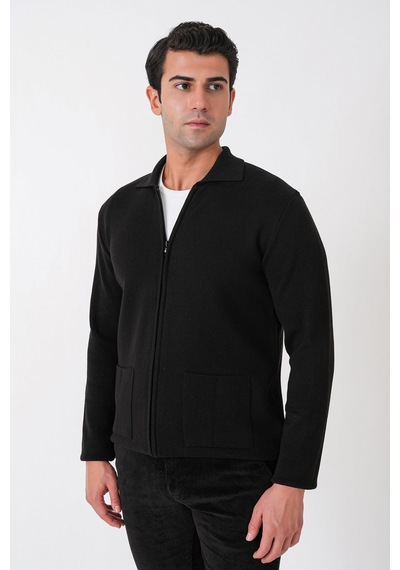 Comfort Fit Fermuarlı Torba Cepli Yünlü Siyah Hırka Tr 896