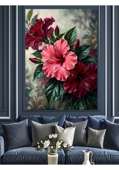 Pembe Hibiskus Üç Çiçek Ve Yapraklı Dekoratif Kanvas - Mdf Ahşap Tablo Çok Renkli
