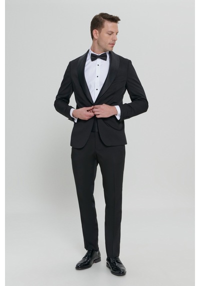 AC&Co / Altınyıldız Classics Slim Fit Dar Kesim Şal Yaka Armürlü Siyah Smokin Takım 001