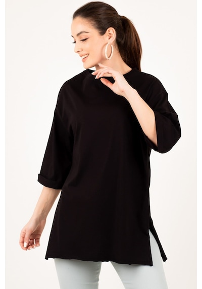Armonika Kadın Siyah Yuvarlak Yaka Geniş Kollu Yanı Yırtmaçlı T-shirt Arm-19y012003