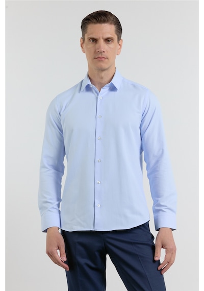 İmza Mavi Kendinden Desenli Sert Yaka Uzun Kol Cepsiz Slim Fit Pamuklu Gömlek 1004255283