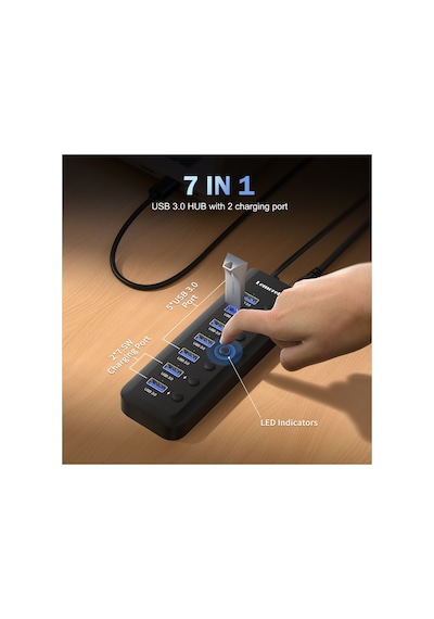 Lemorele Tc111 7 Port Usb 3.0 Hub Çoklayıcı - Açma Kapama Anahtarlı 5x Veri + 2x Şarj İstasyonu Led Göstergeli Usb Çoğaltıcı Adaptör Laptop Masaüstü Pc