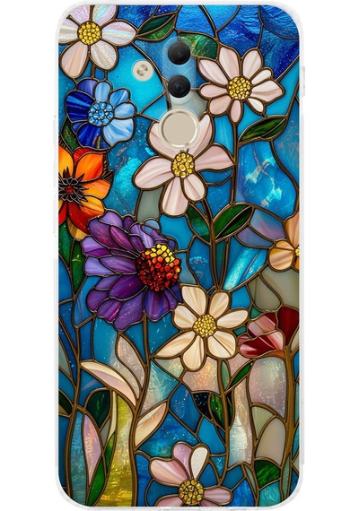 Printify Huawei Mate 20 Lite İle Uyumlu Vitray Mavi Bahar Tasarımlı Şeffaf Silikon Kılıf Şeffaf