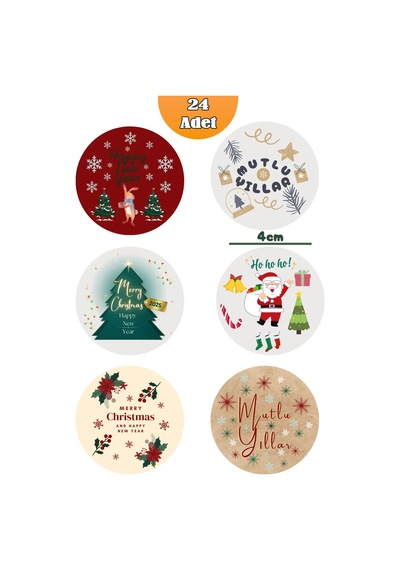 24 Adet 4 Cm Yılbaşı Temalı Etiket, Yapışkanlı Sticker, Hediye Paketi Etiketi Yüksek Kalite Standart