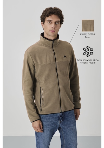 Tommy Life Camel Yazı Nakışlı Dik Yaka Fermuarlı Standart Kalıp Erkek Sweatshirt Polar - 87992 CAMEL