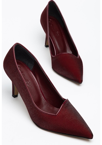 Dilimler Ayakkabı Büyük Numara Kadın İnce Topuklu Stiletto Ayakkabı Bordo Saten Yan Yüz-5349