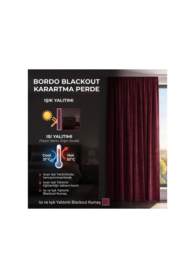Perkoa Bordo Işık Geçirmez Blackout Fon Perde Tam Karanlık,şık Tasarım, Makinede Yıkanabilir-bağlama Kuşağı Birikte