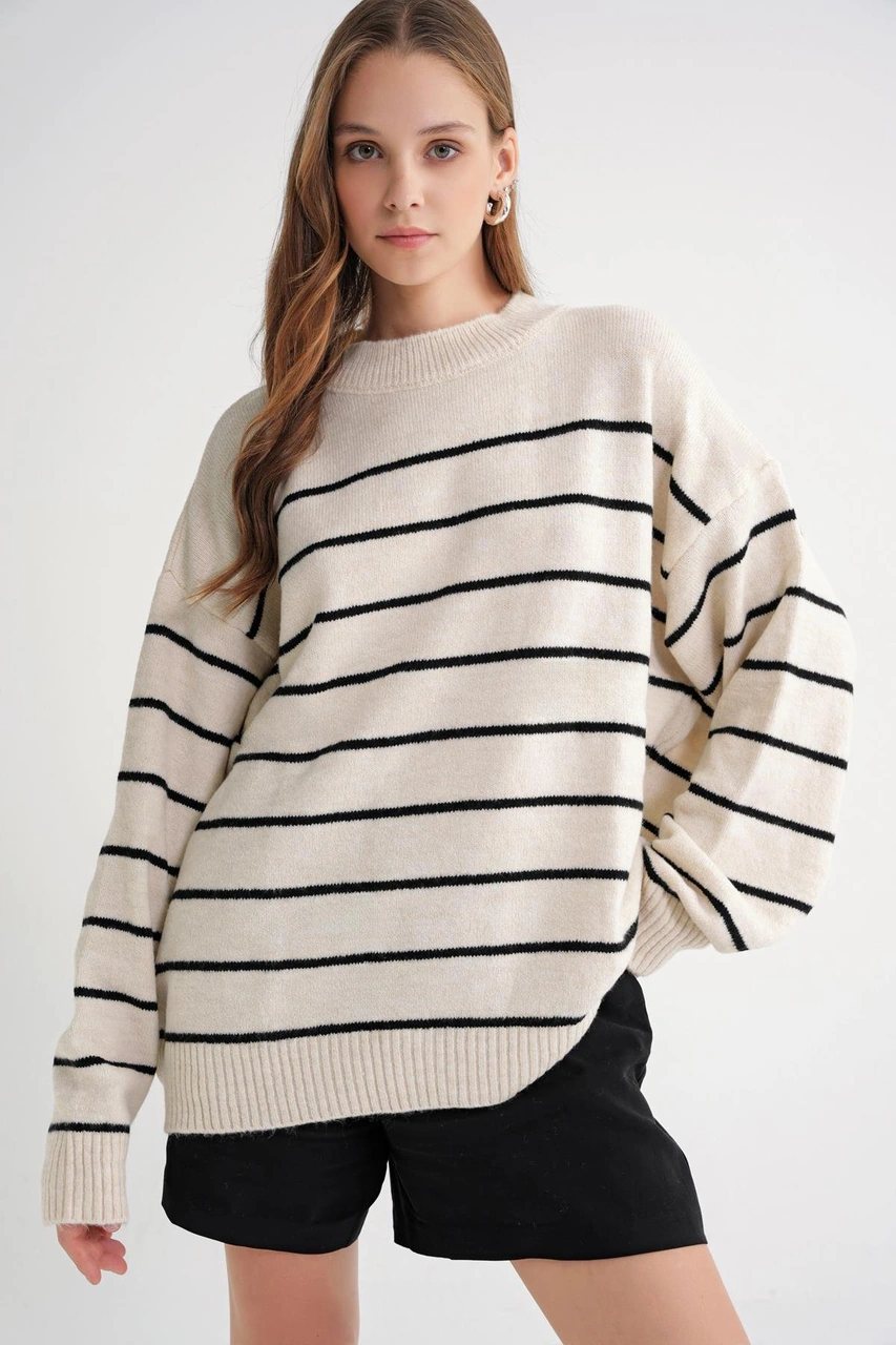 Mixray 6944 Kadın Salaş Yumuşak Dokulu Çizgili Triko Kazak Naturel