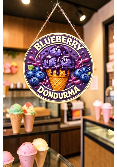 Blueberry Dondurma Görselli Ahşap İpli Kapı Duvar Süsü Renkli Cafe Duvar Panosu