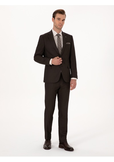 Cacharel Kahverengi Slim Fit Mikro Desenli Takım Elbise