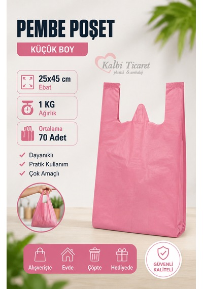 Kalın Pembe Poşet Küçük Boy 1 Kg 25x45 Cm Hışır Atlet Poşet Çöp Poşeti Market Manav Poşeti