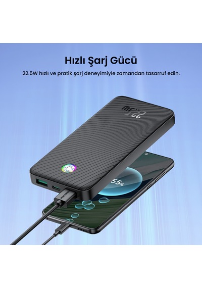 Rocoren 10000mah 22.5w Powerbank Pd Hızlı Şarj, 3 Çıkışlı Usb-c + Çift Usb-a Tablet Ve Telefonlarla Uyumlu Taşınabilir Şarj Cihazı Siyah