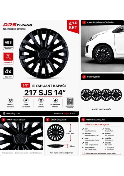 Alfa Romeo Uyumlu 14 Inc Kırılmaz Parlak Siyah Jant Kapağı 1 Takım 4 Adet No:217