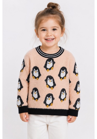 Penguen Desenli Kız Çocuk Kazak 23212 Somon