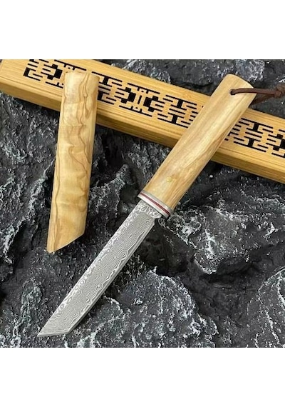 Damascus Kamp Tanto Japon Edc Zeytin Ağacı Sap Kahverengi