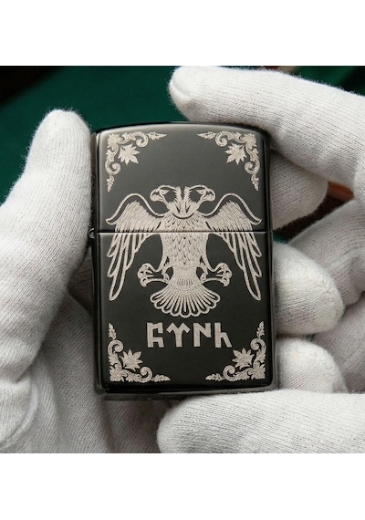 Çift Başlı Kartal Göktürkçe Türk Motifli Siyah Metal Benzinli Çakmak