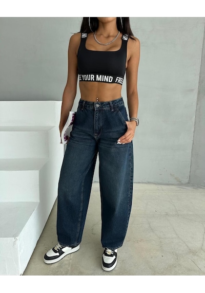 Zeo Basic Skater Tintli Balon Pantolon Tintli Mavi