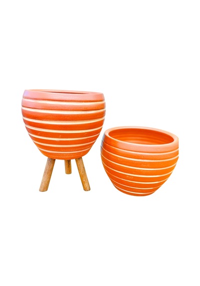 Bitki Tasarımı Yan Çizgi Terrakota Toprak Saksı Saksılık Salon Çiçeklik İkili Set Ayaksız - 3 Ayaklı- 15 Cm