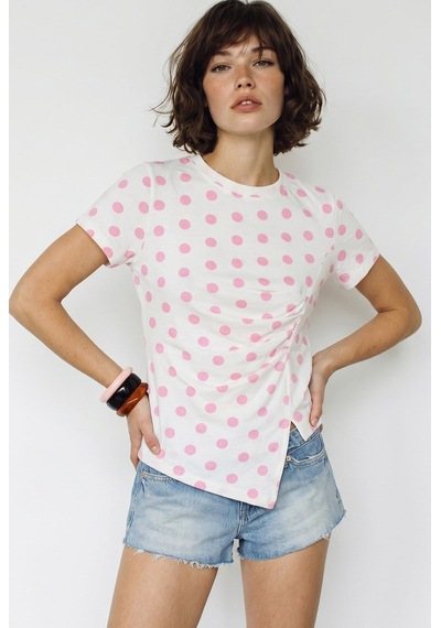 Kadın Puantiye Desenli Bisiklet Yaka Drapeli Asimetrik Kesim Bluz 2365 60286357 - Beyaz-pembe Çok Renkli
