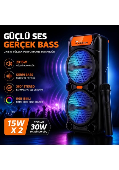 Büyük Boy Rgb Işıklı Hoparlör, 2x15w Güçlü Bass, Kablosuz Mikrofonlu, 360 Stereo Ses, Bluetooth Tws, Usb Aux