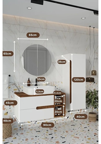 Koza Beyaz 90 Cm %100 Mdf Banyo Dolabı Ayna Lavabo Boy Dolabı Beyaz