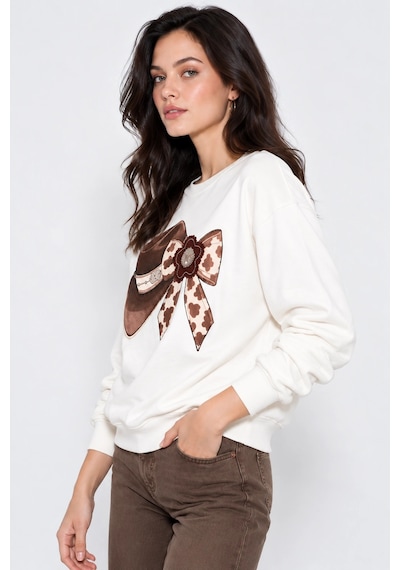 Mevese Kadın Taş İşlemeli Fiyonk Baskı Oversize Üç İplik Rahat Kesim Sweatshirt - Beyaz