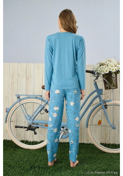 Pijamoni Polyviskon Uzun Kollu Mavi Pijama Takımı - 7300 Mavi
