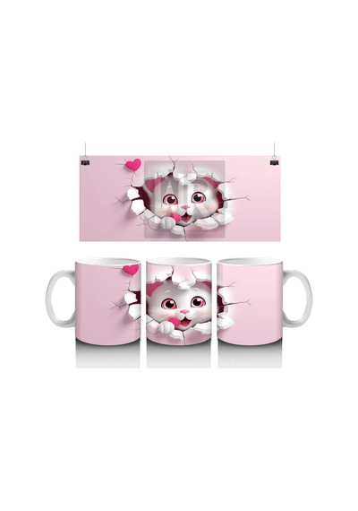 Pembe Kalpli Çatlak Duvar Arasından Bakan Sevimli Kedi Kupa Çok Renkli