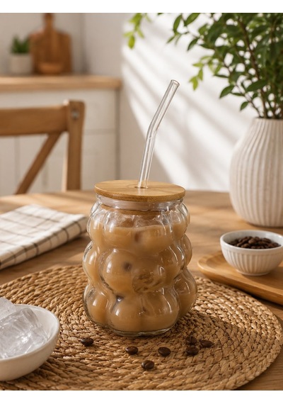 300 Ml Üzüm Model Bambu Kapaklı Cam Pipetli Bardak Şeffaf