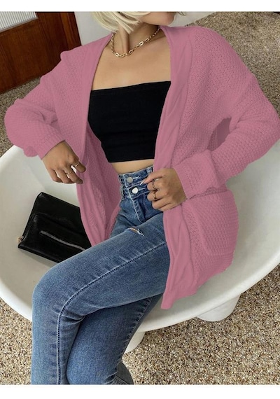 Aqe Fashion Örgü Şeritli Rahat Kalıp Esnek Cepli Kadın Pudra Triko Hırka Pudra