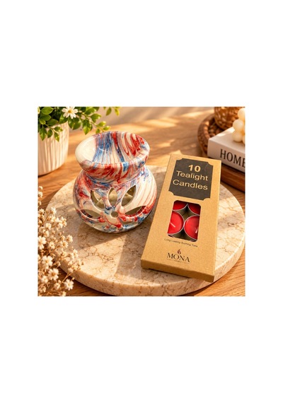 Mermer Desenli Seramik Buhurdanlık Ve 10 Lu Tealight Mum Bej