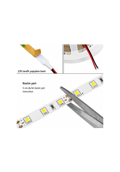 Pilli Led Şerit 3 Metre Beyaz Işık Butonlu- Yapışkanlı Kablosuz Dekoratif Aydınlatma - Pil Hediyedir Beyaz Beyaz
