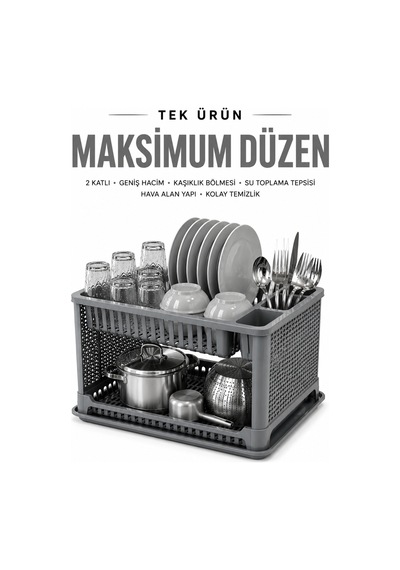 2 Katlı Geniş Hacimli Bulaşıklık Kaşıklık Bölmeli, Su Toplama Tepsili, Pratik Mutfak Düzenleyici Gri