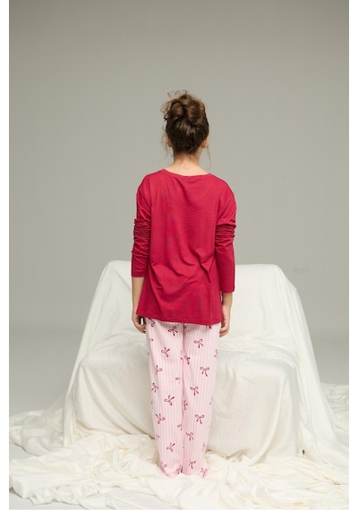 Siyah İnci Pamuklu Bisiklet Yaka Örme Pijama Takım25241136 Vişne