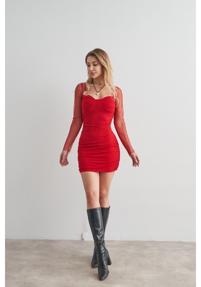 Rabia Çelik Kadın Kırmızı Kolları Tül Kalp Yaka Esnek Mini Parti Elbisesi Kırmızı Kırmızı