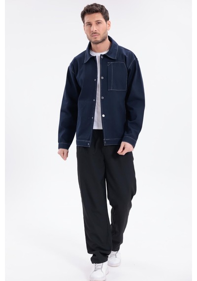 Erkek Dikiş Detaylı Oversize Gabardin Ceket - Mont-392 Lacivert