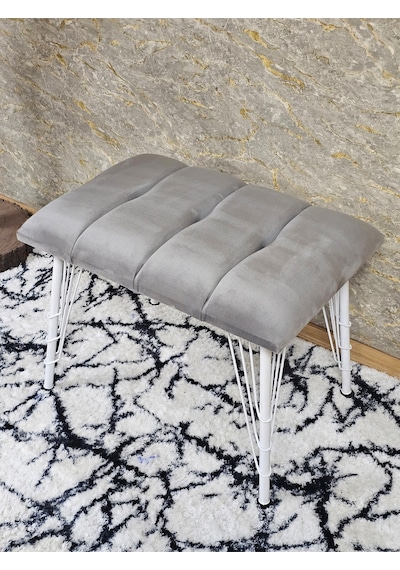 Zafir Metal Beyaz Tel Ayaklı 60 Cm Puf Bench - Puf - Bench - Oturak - Mutfak Oturağı - Antre Oturağı Gri